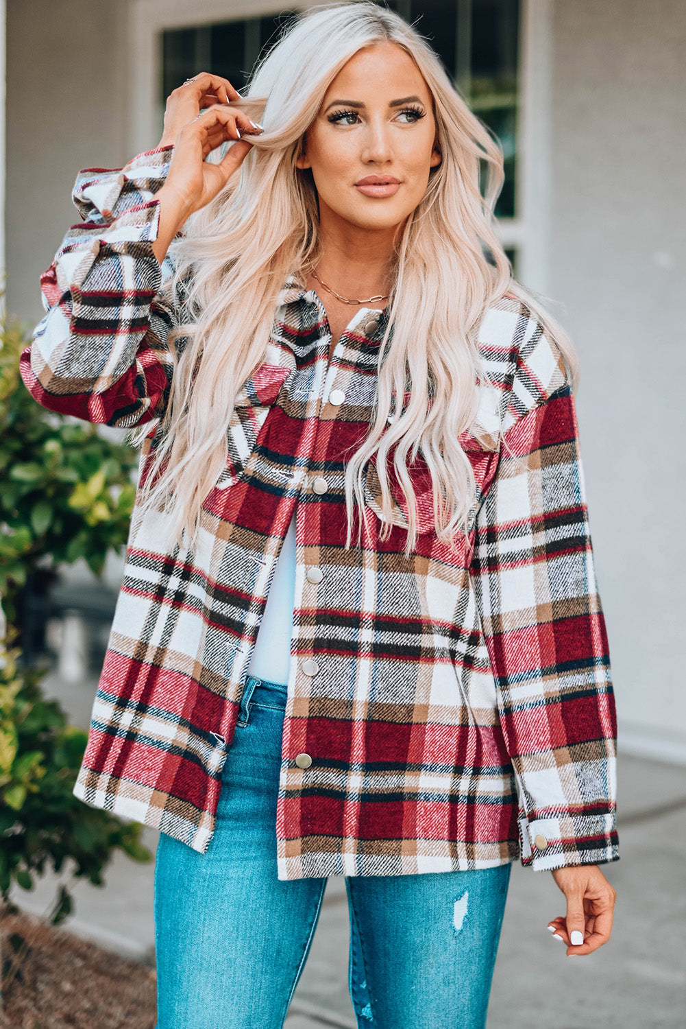 Fiery Red Geometric Plaid Print Pocketed Shacket Red 100%Polyester Plaid Shackets JT's Designer Fashion