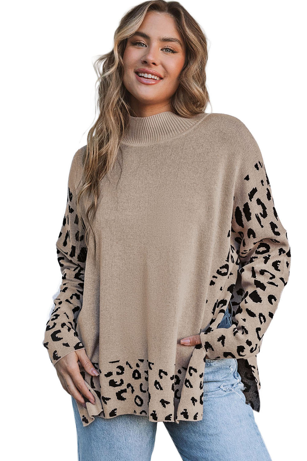 Khaki Leopard High Neck Side Slit Oversized Sweater Sweaters & Cardigans JT's Designer Fashion