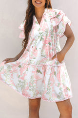 Pink Floral Contrast Edge Layered Short Sleeve Mini Dress Floral Dresses JT's Designer Fashion