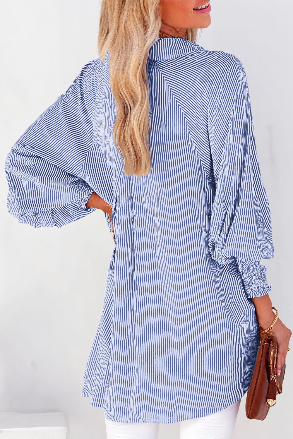 Blue Stripe Smocked Cuffed Striped Boyfriend Shirt with Pocket Blouses & Shirts JT's Designer Fashion