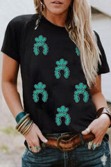 Black Western Turquoise Pattern Sequin Patched T Shirt Graphic Tees JT's Designer Fashion
