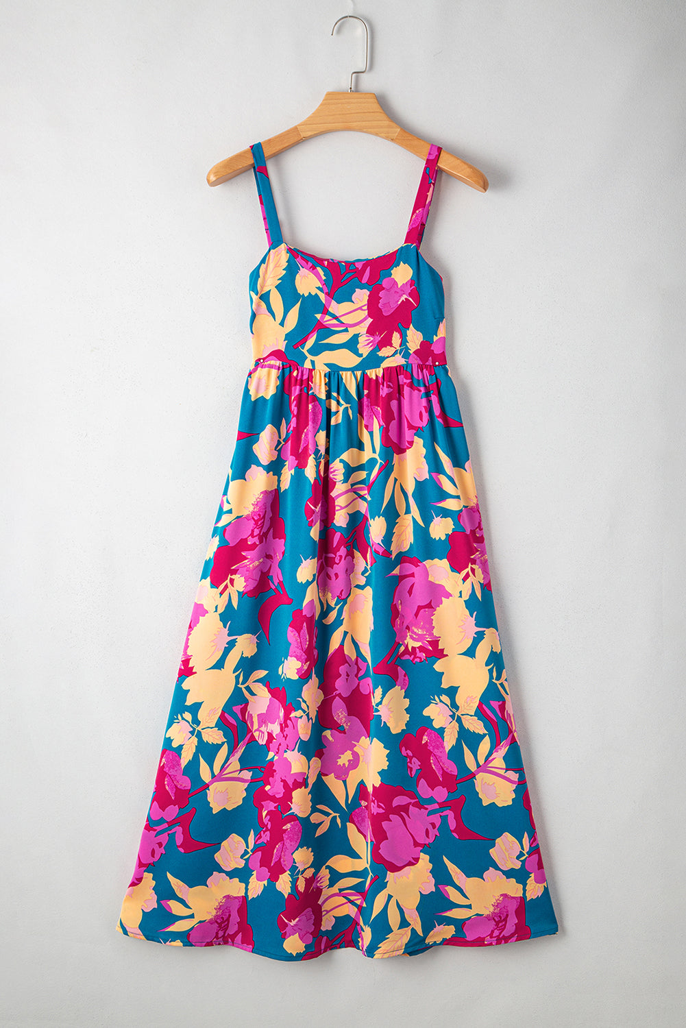 Dark Blue Floral High Waist Sleeveless Flared Long Dress Floral Dresses JT's Designer Fashion