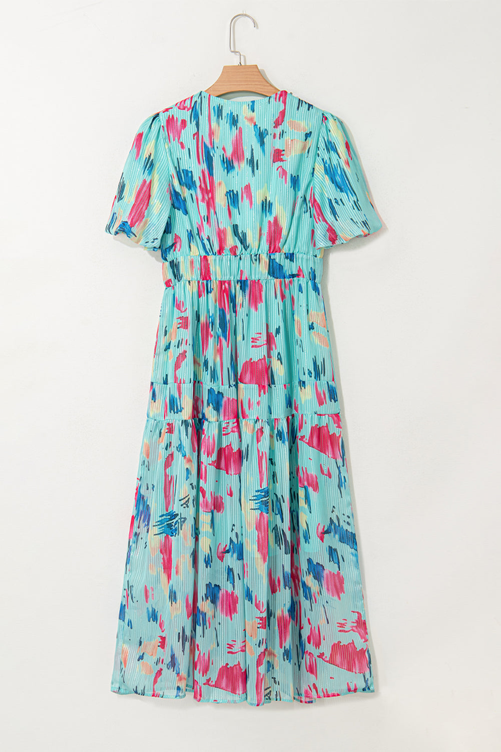 Sky Blue Abstract Print Short Puff Sleeve Tiered Long Dress Maxi Dresses JT's Designer Fashion