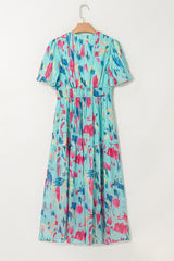 Sky Blue Abstract Print Short Puff Sleeve Tiered Long Dress Maxi Dresses JT's Designer Fashion