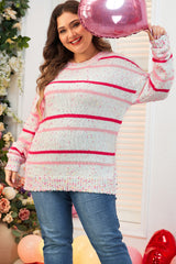 Pink Stripe Drop Shoulder Side Split Plus Size Sweater Plus Size Sweaters & Cardigans JT's Designer Fashion