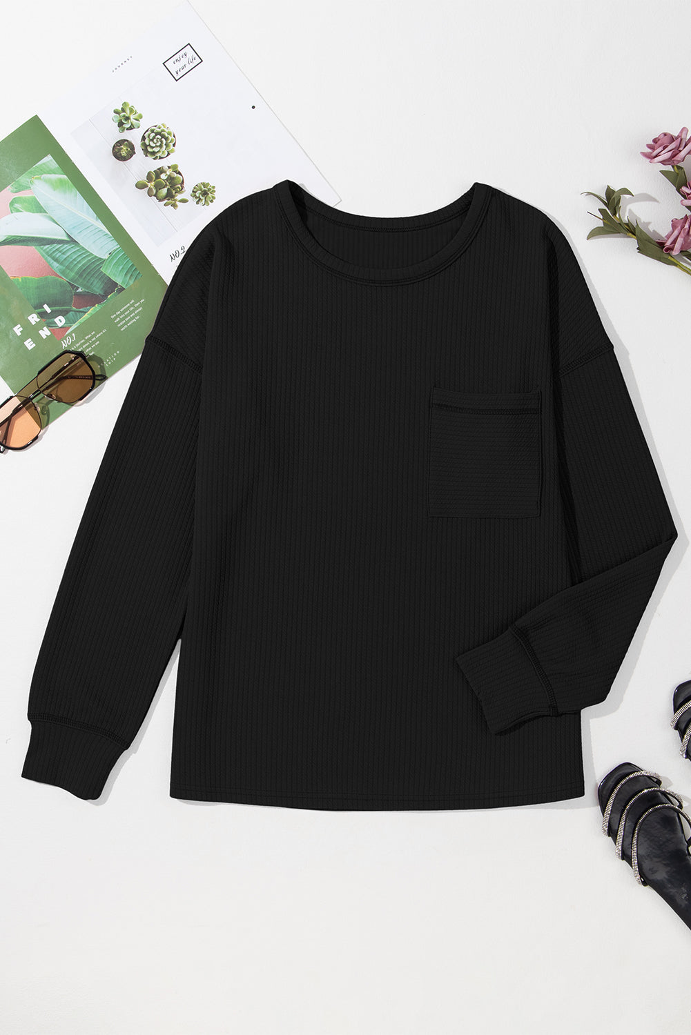 Black Solid Color Corded Drop Shoulder Long Sleeve Top Long Sleeve Tops JT's Designer Fashion