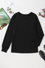 Black Solid Color Corded Drop Shoulder Long Sleeve Top Long Sleeve Tops JT's Designer Fashion