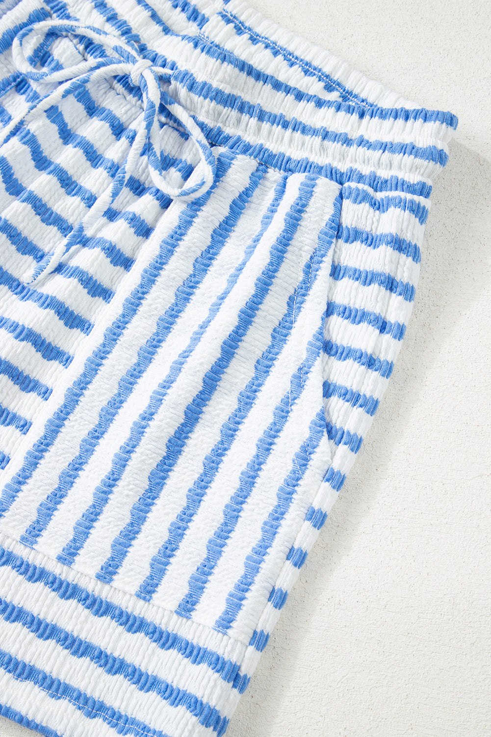 Sky Blue Stripe Knitted Short Sleeve Top and Drawstring Shorts Set Short Sets JT's Designer Fashion