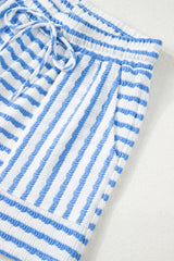 Sky Blue Stripe Knitted Short Sleeve Top and Drawstring Shorts Set Short Sets JT's Designer Fashion