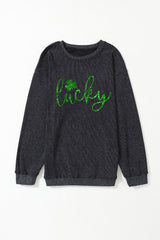 Black Shiny Lucky Clover Corded Drop Shoulder Sweatshirt Graphic Sweatshirts JT's Designer Fashion