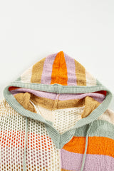 Beige Pointelle Knit Colorblock Patchwork V Neck Hooded Plus Sweater Plus Size Sweaters & Cardigans JT's Designer Fashion