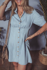 Myosotis Denim Pleated Slim Waist Short Sleeve Shirt Dress Dresses JT's Designer Fashion