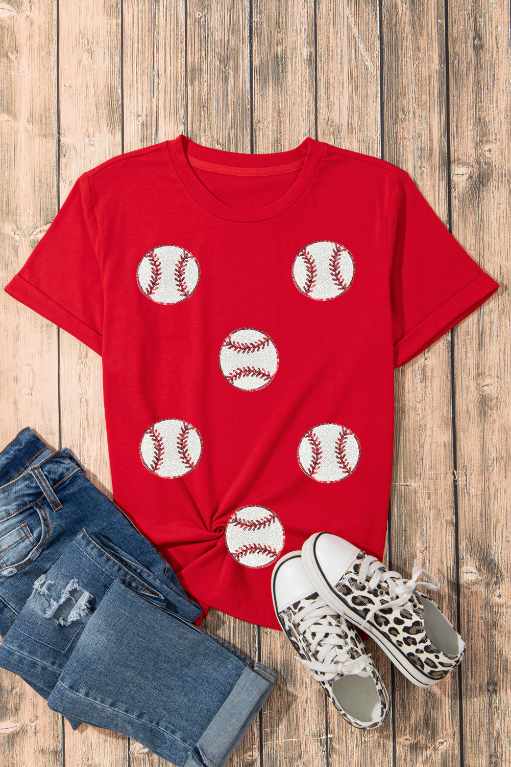 Red Glittering Rugby Pattern Crew Neck Game Day T Shirt Graphic Tees JT's Designer Fashion
