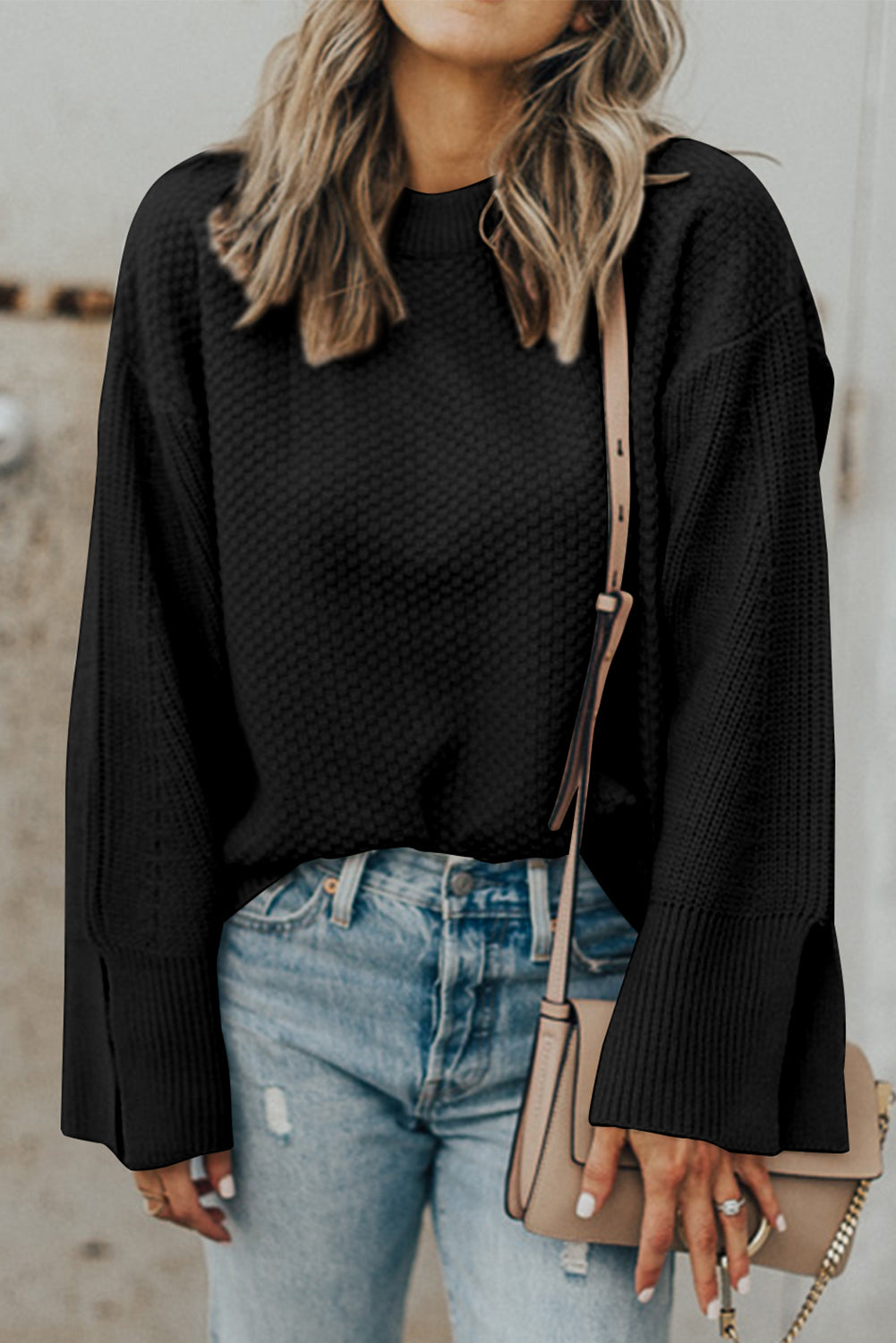 Black Solid Textured Knit Split Cuff Drop Shoulder Loose Sweater Black 50%Viscose+28%Polyester+22%Polyamide Sweaters JT's Designer Fashion