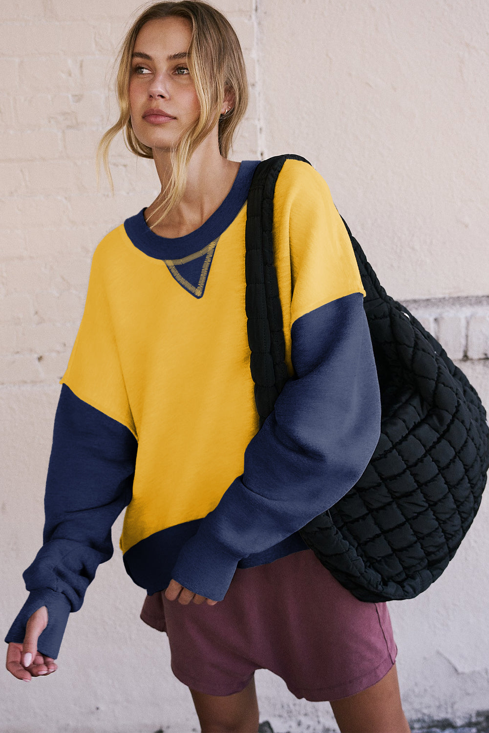 Yellow Color Block Thumbhole Sleeve Drop Shoulder Sweatshirt Sweatshirts & Hoodies JT's Designer Fashion