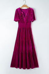 Red Dahlia Velvet Short Sleeve Shirred Waist Tiered Long Dress Maxi Dresses JT's Designer Fashion
