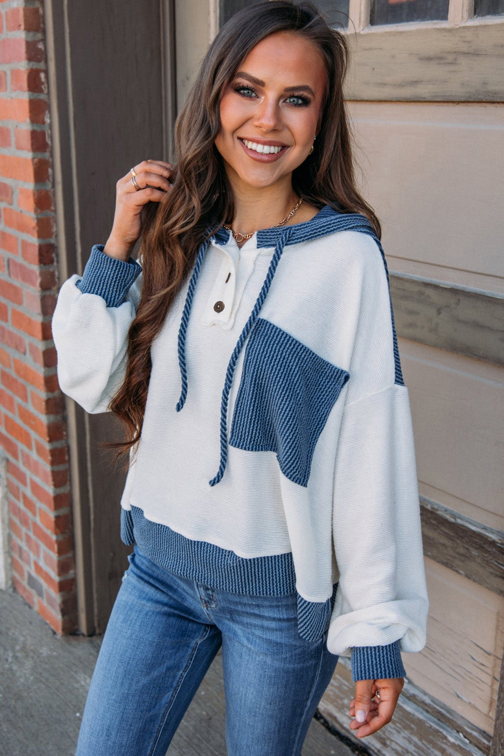White Corded Colorblock Patch Pocket Drawstring Hooded Top Long Sleeve Tops JT's Designer Fashion
