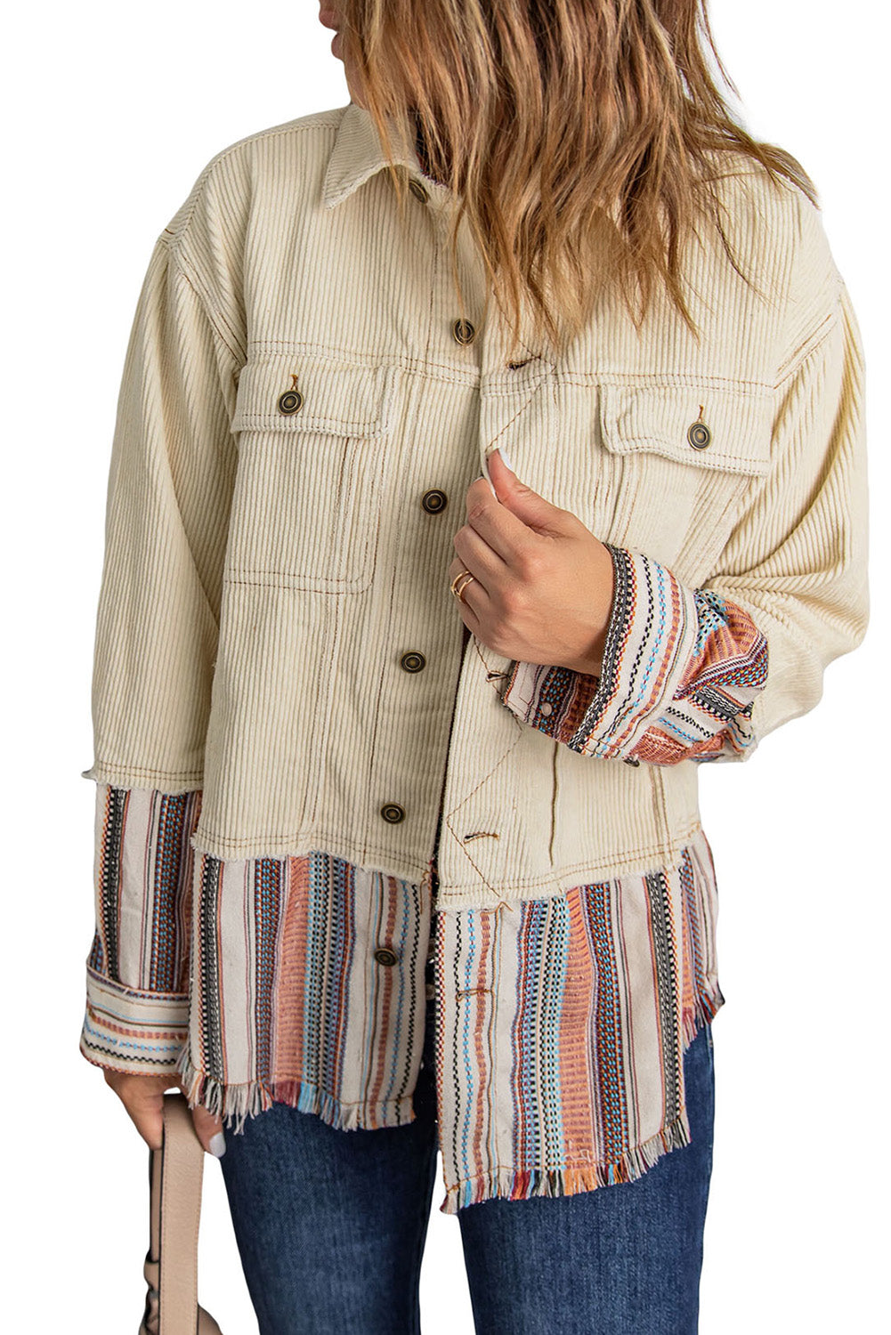 Button Up Pockets Striped Color Block Corduroy Jacket Jackets JT's Designer Fashion