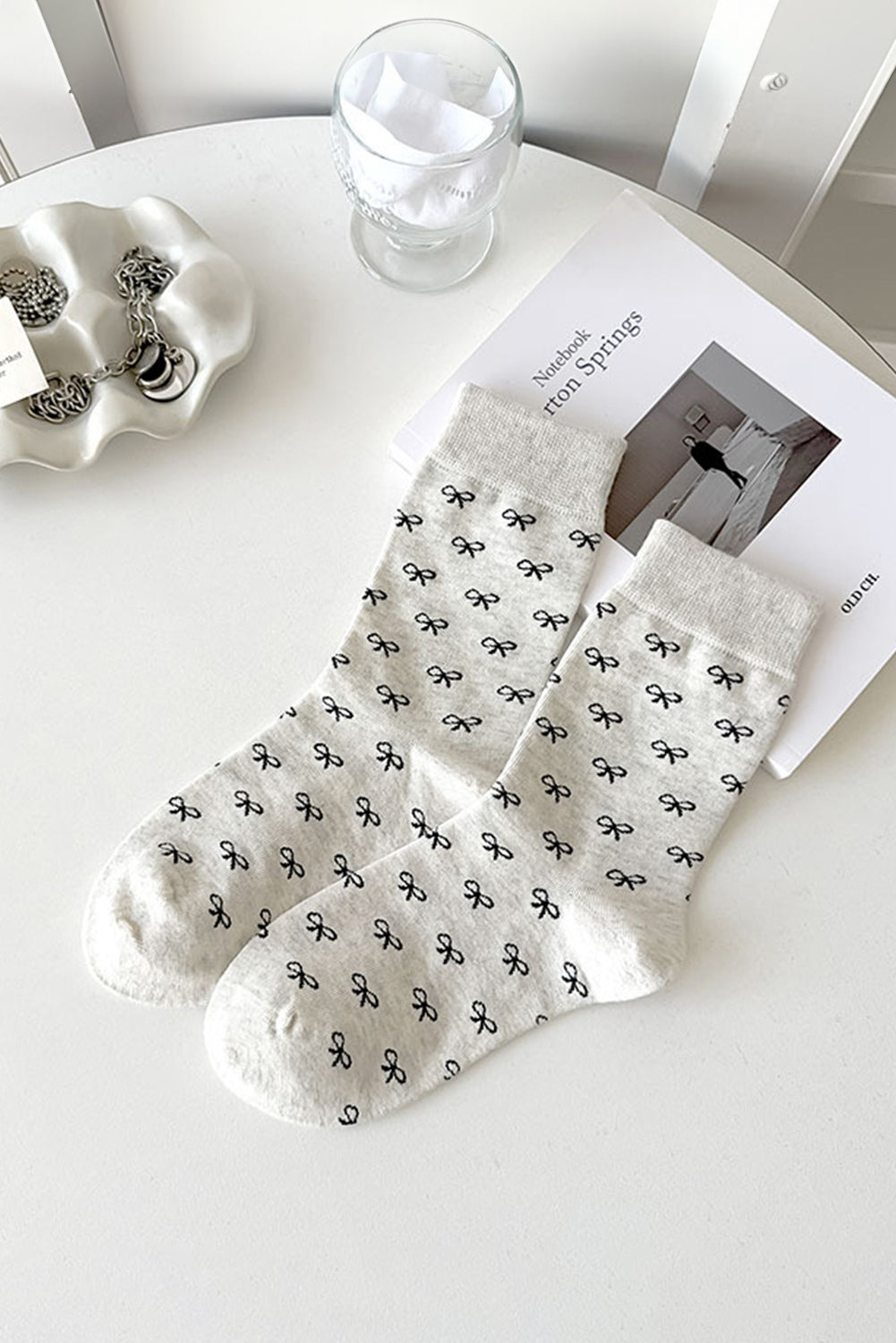 White Bow Knots Ribbed Edge Crew Socks Socks JT's Designer Fashion