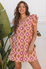Orange Geometric Floral V Neck Buttoned Ruffled Sleeve Mini Dress Mini Dresses JT's Designer Fashion