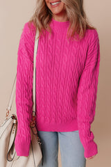 Rose Red Solid Cable Knit High Neck Drop Shoulder Sweater Sweaters JT's Designer Fashion