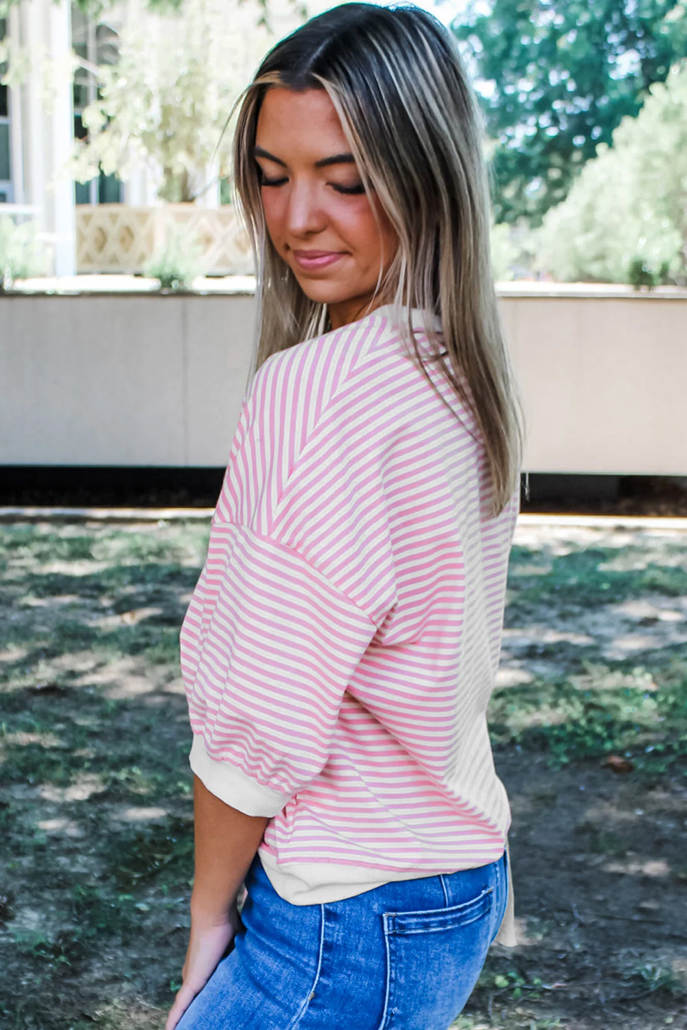 Pink Striped 3/4 Sleeve Drop Shoulder Top Long Sleeve Tops JT's Designer Fashion