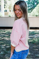 Pink Striped 3/4 Sleeve Drop Shoulder Top Long Sleeve Tops JT's Designer Fashion