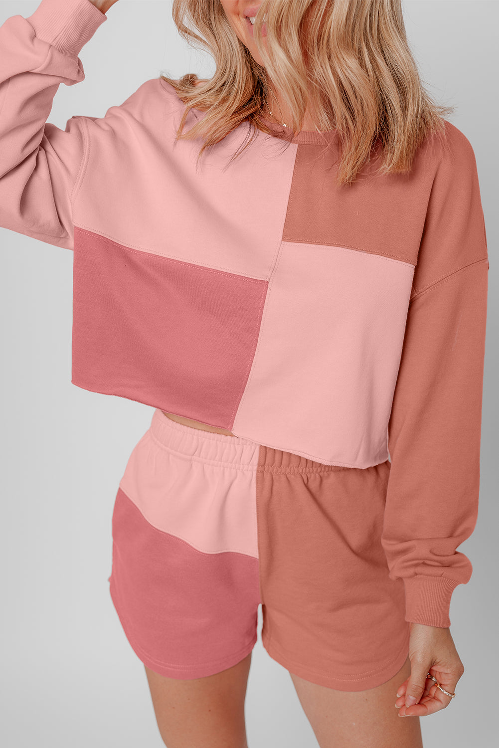 Peach Blossom Colorblock Patchwork Long Sleeve Shorts Outfit Peach Blossom 65%Polyester+35%Cotton Short Sets JT's Designer Fashion