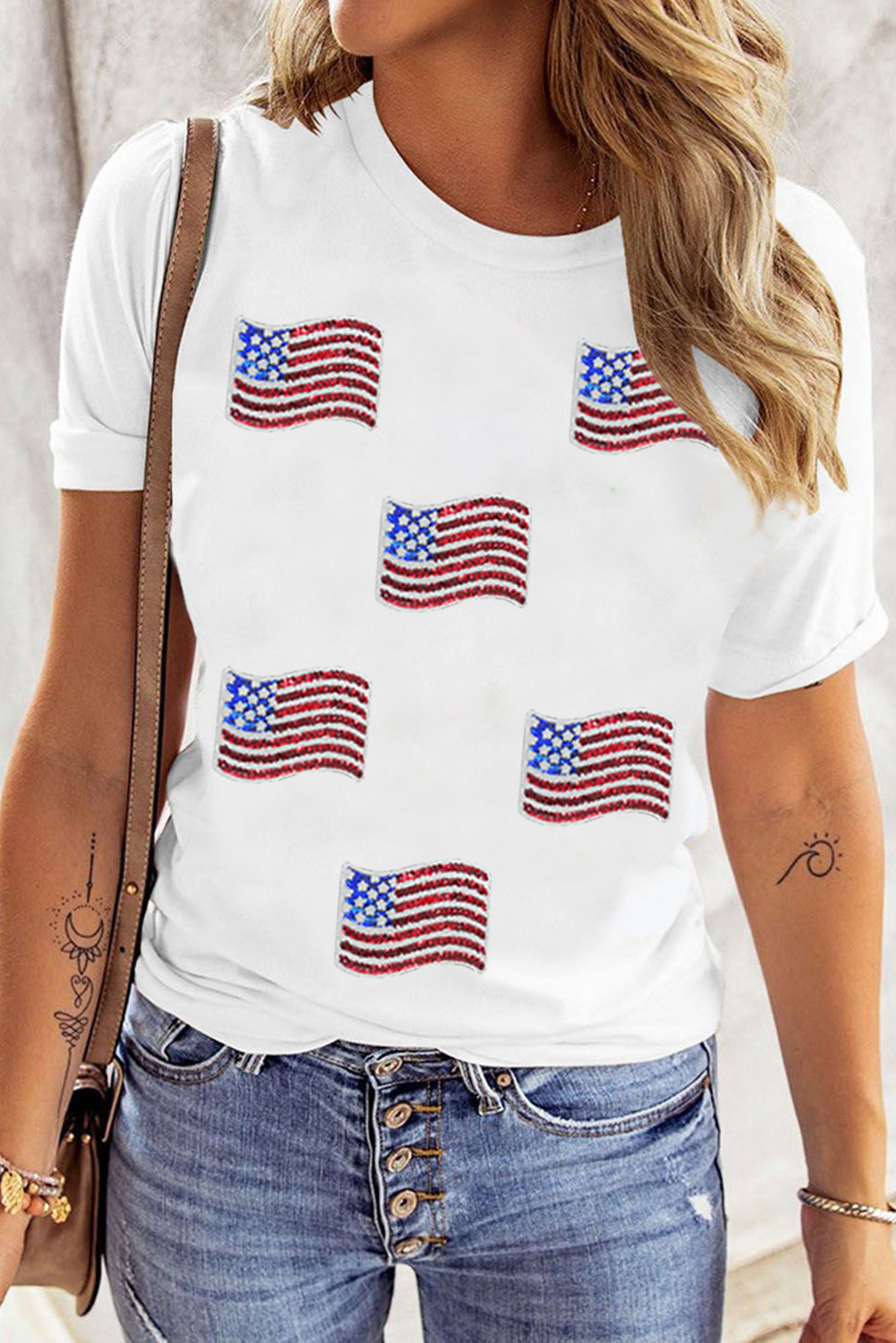 White Sequin American Flag Patched Casual T Shirt Graphic Tees JT's Designer Fashion