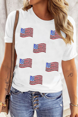 White Sequin American Flag Patched Casual T Shirt Graphic Tees JT's Designer Fashion
