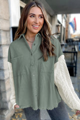 Green Cable Knit Sleeve Raw Hem Shacket Jackets JT's Designer Fashion