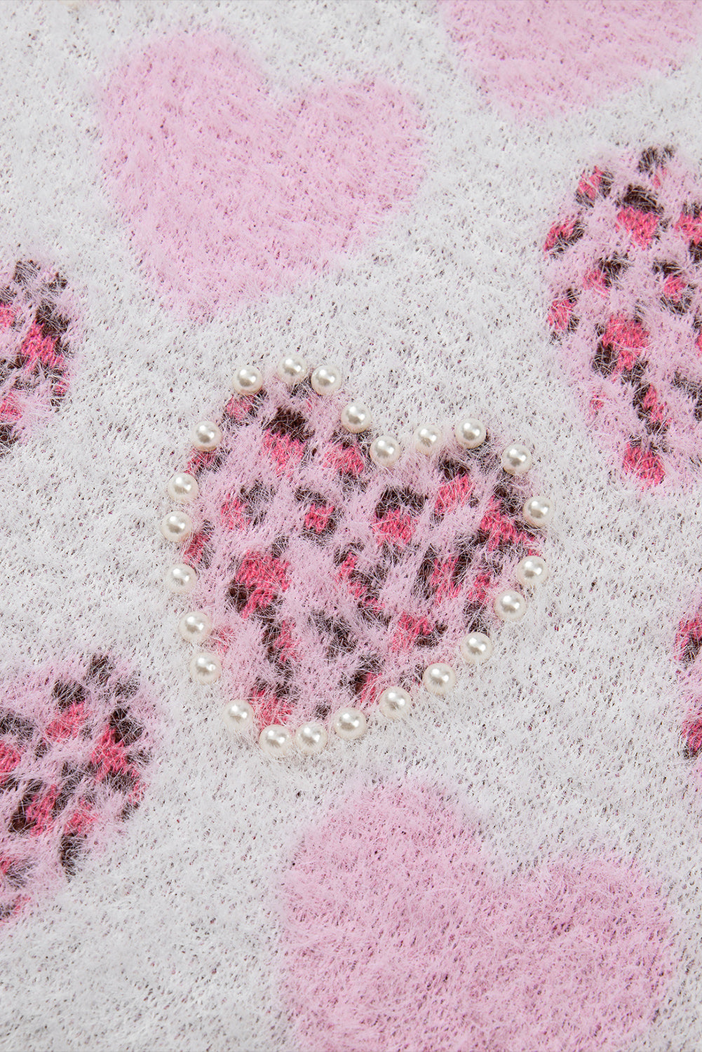Pink Heart Leopard Print Pearled Ribbed Trim Fuzzy Sweater Sweaters JT's Designer Fashion
