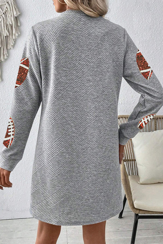 Gray Sequin Rugby Football Graphic Textured Long Sleeve Shift Mini Dress Graphic Dresses JT's Designer Fashion