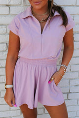 Orchid Bouquet Short Sleeve Zipper Collared Elastic High Waist Romper Jumpsuits & Rompers JT's Designer Fashion