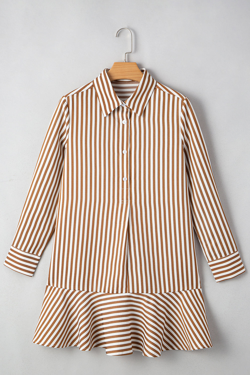 Brown Stripe Ruffled Hem Collared Long Sleeve Shirt Mini Dress Mini Dresses JT's Designer Fashion