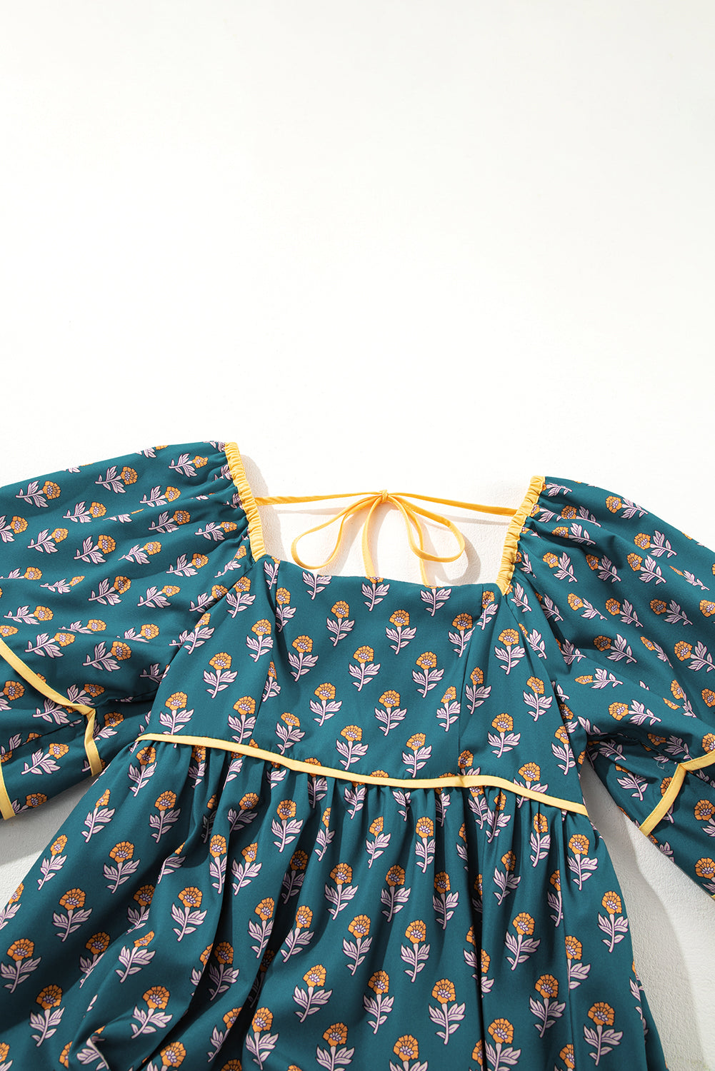 Skobeloff Floral Contrast Trim Square Neck Puff Sleeve Dress Floral Dresses JT's Designer Fashion