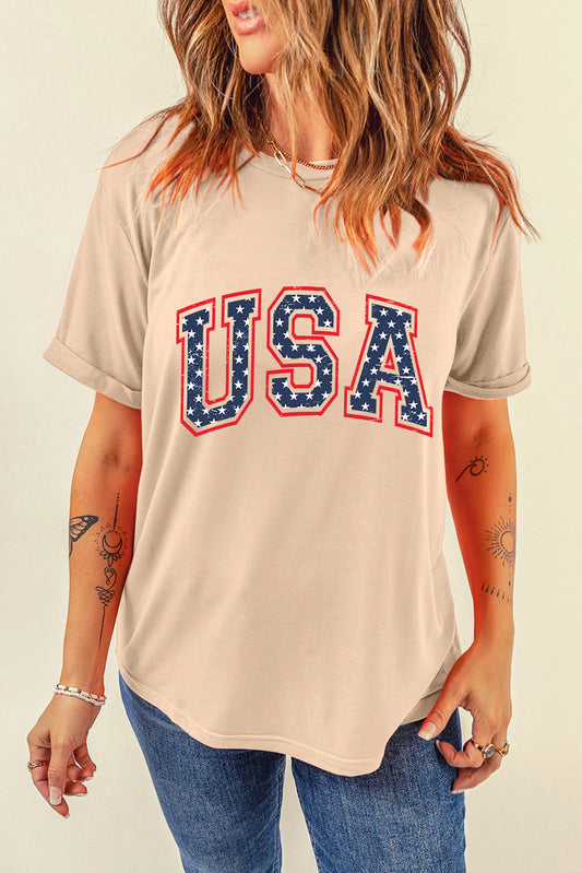 Khaki Starry USA Lettering Independent Day T-shirt Graphic Tees JT's Designer Fashion