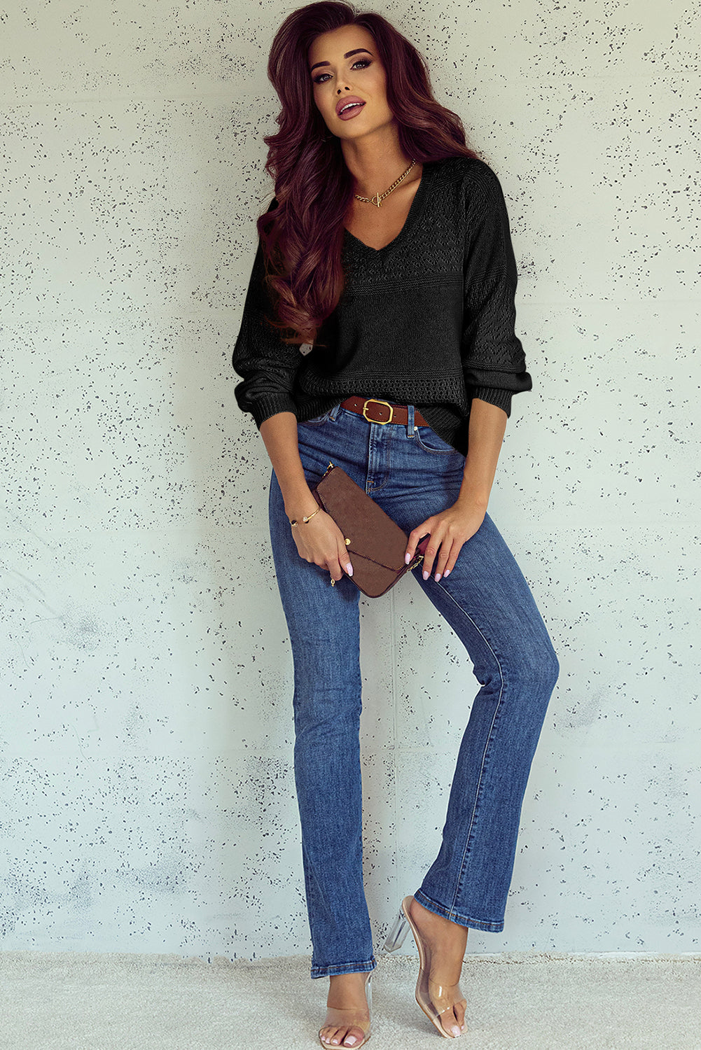 Black Eyelet Pattern Detail V Neck Drop Shoulder Sweater Sweaters JT's Designer Fashion