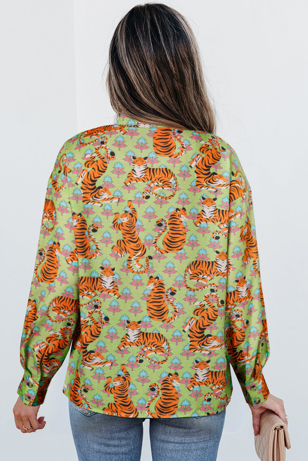 Green Tiger Floral Printed Collared V Neck Casual Shirt Blouses & Shirts JT's Designer Fashion