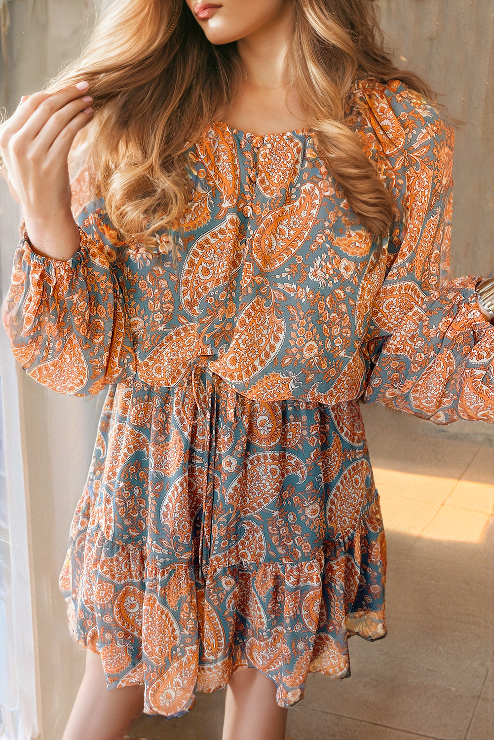 Orange Paisley Print Loose Fit Drawstring High Waist Mini Dress Mini Dresses JT's Designer Fashion