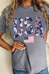 Gray Blooming USA Flag Print Casual T Shirt Graphic Tees JT's Designer Fashion