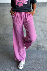 Pink Plaid Print Drawstring High Waist Wide Leg Casual Pants Pants & Culotte JT's Designer Fashion