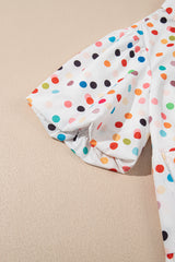 White Polka Dot Print Bubble Sleeve Button Up Plus Size Shirt Dress Plus Size Mini Dresses JT's Designer Fashion