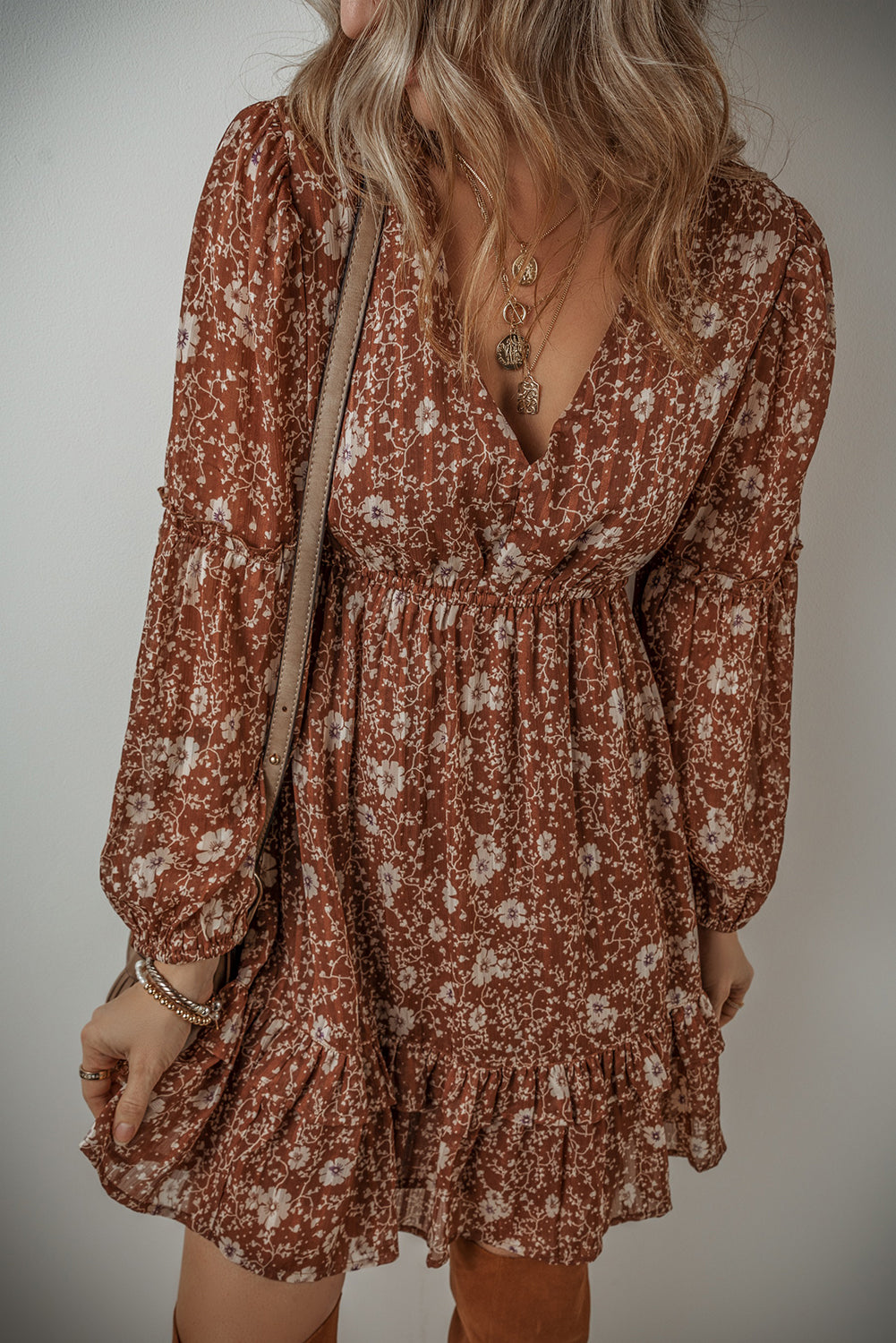 Brown Boho Floral Ruffled Puff Sleeve V Neck Mini Dress Brown 100%Polyester Floral Dresses JT's Designer Fashion
