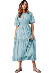Light Blue Puff Sleeve Pleated High Waist Flowy Long Dress Maxi Dresses JT's Designer Fashion