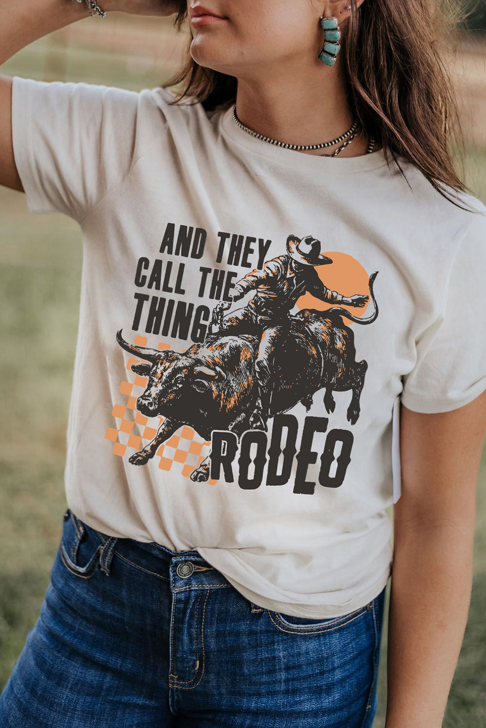 White AND THEY CALL THE THING RODEO Graphic Crewneck Tee Graphic Tees JT's Designer Fashion