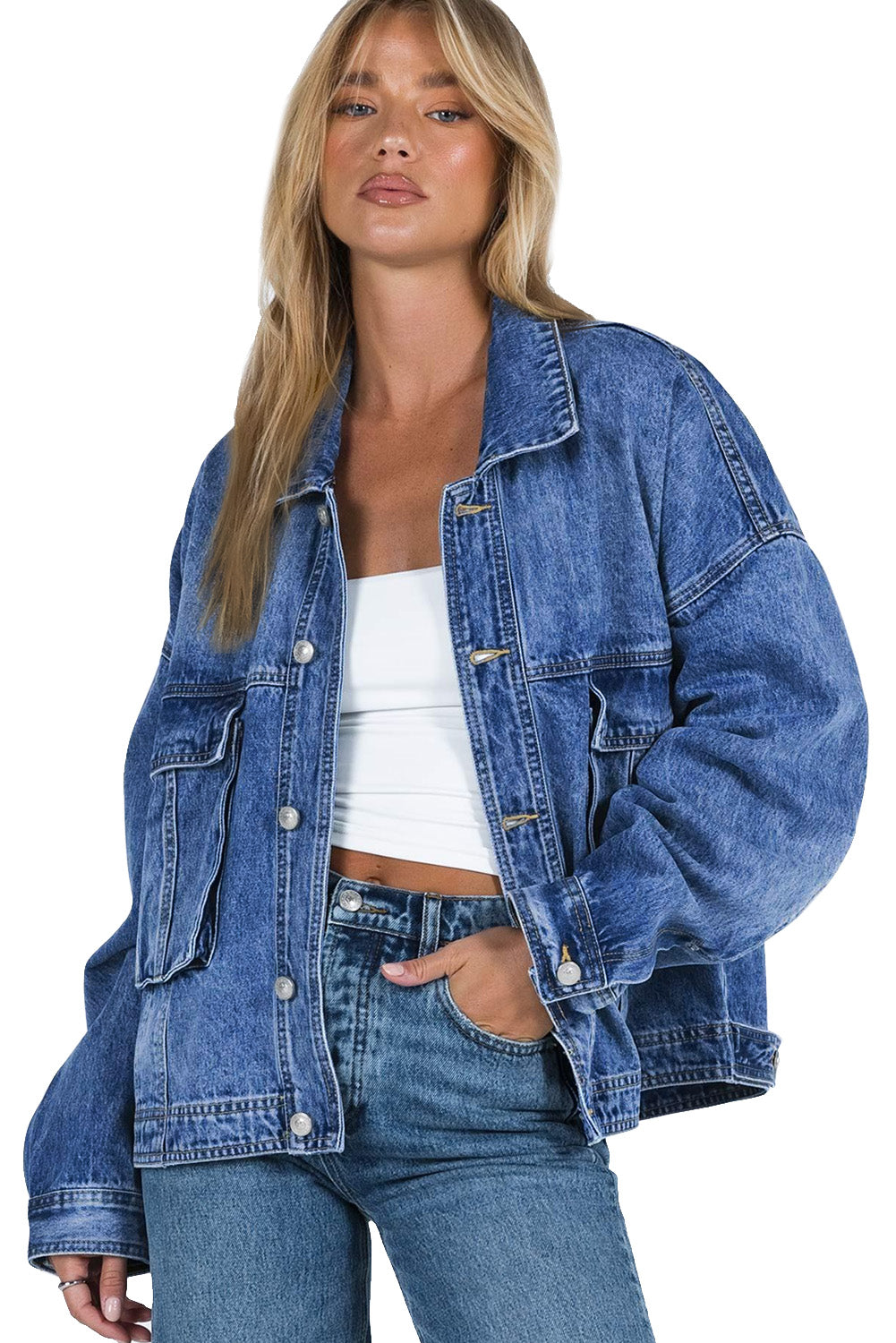 Blue Chest Pockets Drop Shoulder Loose Denim Jacket Denim Jackets JT's Designer Fashion