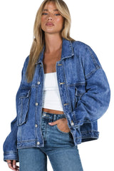 Blue Chest Pockets Drop Shoulder Loose Denim Jacket Denim Jackets JT's Designer Fashion