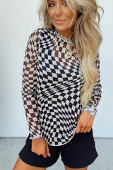 Black Checkered Pattern Mesh Mock Neck Long Sleeve Top Long Sleeve Tops JT's Designer Fashion