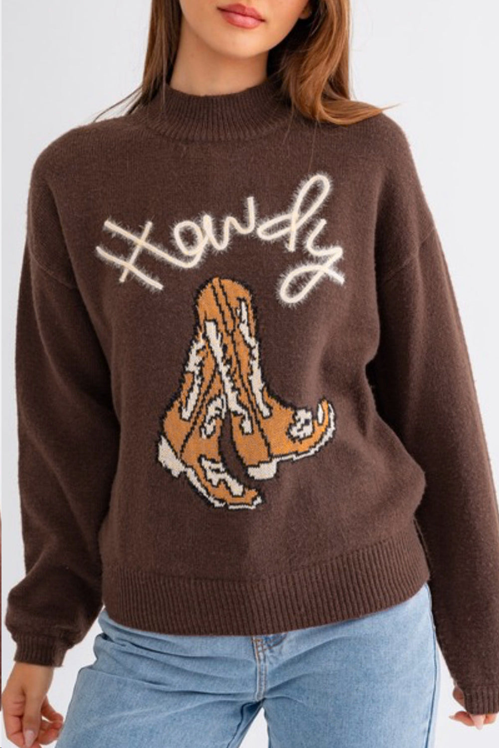 Coffee Western Howdy Boot Graphic High Neck Sweater Sweaters JT's Designer Fashion
